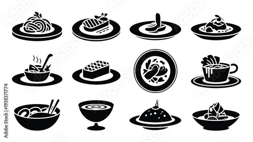 Collection of black and white food icons including pasta sushi cake coffee and soup on plates and in bowls for culinary themes and restaurant menus