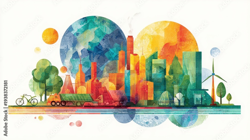 Fototapeta premium Corporate social responsibility illustration flat design front view sustainability theme water color vivid.