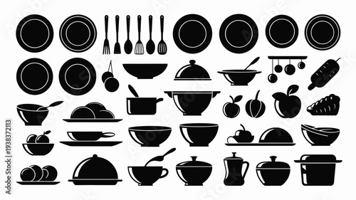Black silhouettes of various kitchen utensils and dishes on a white background cooking icons