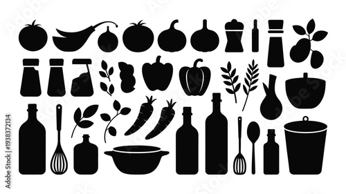 Collection of kitchen utensils food and ingredients in black silhouette on white background for cooking and recipe themes