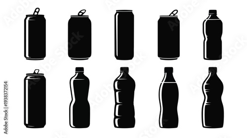 Collection of black silhouettes of various soda and beverage bottles and cans on white background