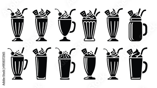 Variety of milkshakes and smoothies with whipped cream and straws in black silhouette on white background