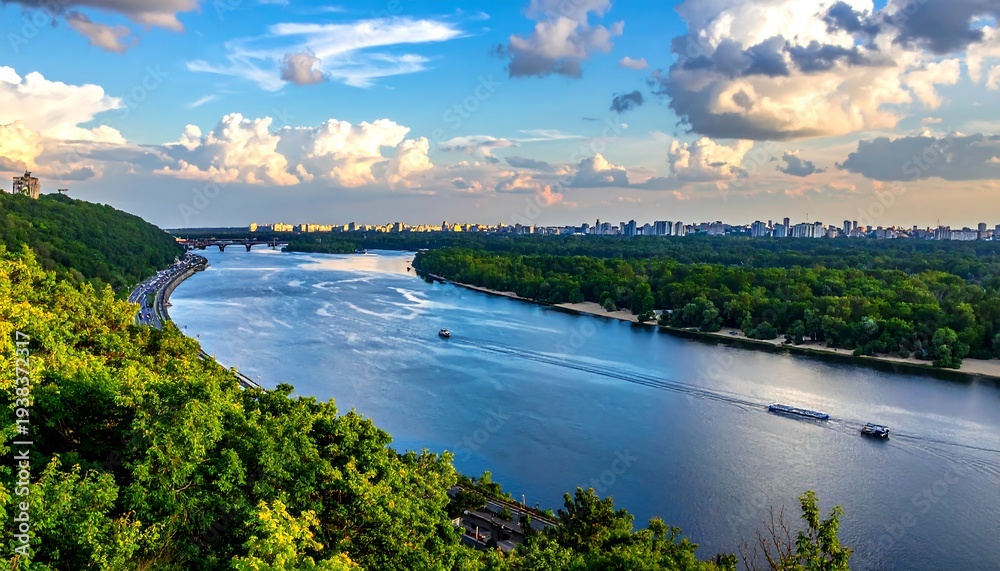 Obraz premium A scenic river flows through a city, bordered by lush green foliage and distant buildings under a partly cloudy sky