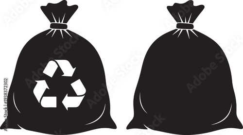 Two black garbage bags with recycle symbol on one also transparent background recycling symbol waste bags