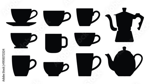 Black silhouettes of various tea cups and teapots on white background coffee or tea time icons