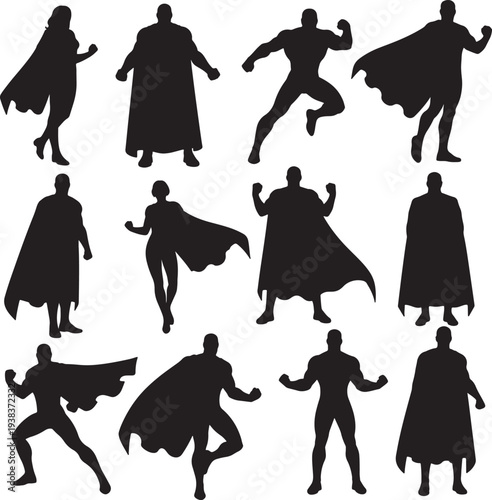 Silhouettes of superheroes in various action poses wearing capes also transparent background flying