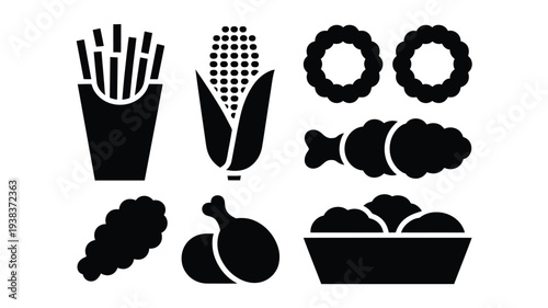 Black silhouettes of various fast food items on white background including fries corn onion rings fish meatballs onion breaded chicken and burger buns representing unhealthy