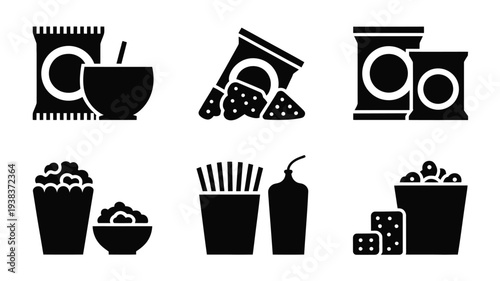 Collection of black food icons including snacks chips popcorn soda and fries on white background for design and culinary themes