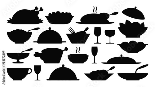 Black silhouettes of various dinnerware and food on white background for culinary themes