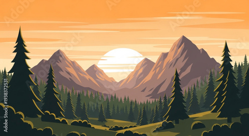 Sunset over serene mountain landscape with pine trees and rolling hills at dusk