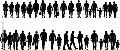 Walking people silhouettes set, diverse men women children pedestrians crowd figures isolated on white background social lifestyle movement collection