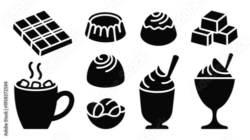 Assorted desserts and hot beverages icons including chocolate cakes muffins coffee and ice cream in black silhouettes on white background