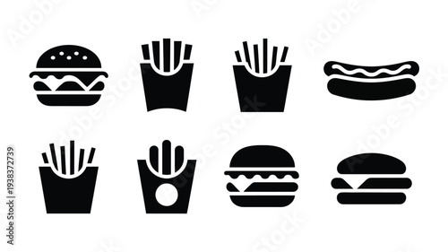 Collection of fast food icons including burgers and fries on white background