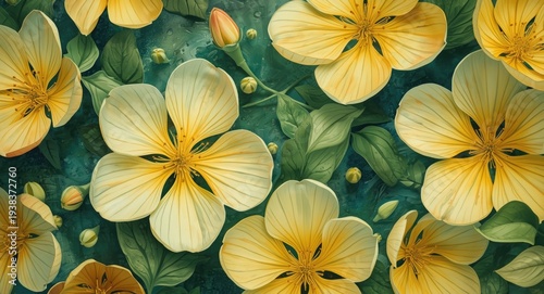 Colorful artwork showcasing delicate yellow and green blossoms in vivid detail