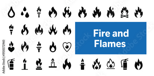 Fire and flames icon set. fire, torch, candle, water drop, and fire extinguisher symbols