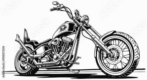 A black and white illustration of a chopper motorcycle from a side view, showcasing its sleek design and detailed engine on a plain white background