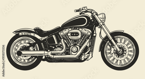 Motorcycle illustration viewed from the side showcasing its sleek design and detailed mechanical components in a simple graphic style