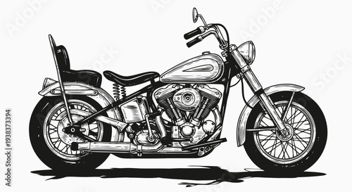 Motorcycle illustration showcasing classic bike design elements and detailed vehicle features in a simple, high-contrast, black-and-white, vector graphic style.