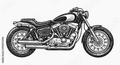 Detailed illustration of a motorcycle from a side view showcasing its engine and design elements