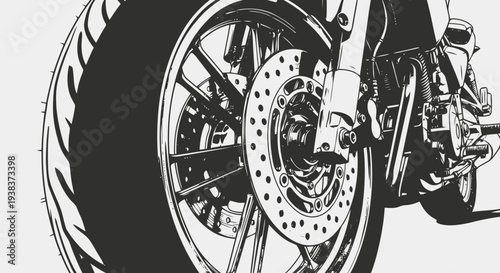 Detailed illustration of a motorcycle wheel with a disc brake, tire, and alloy rim, showcasing mechanical complexity from a close-up viewpoint