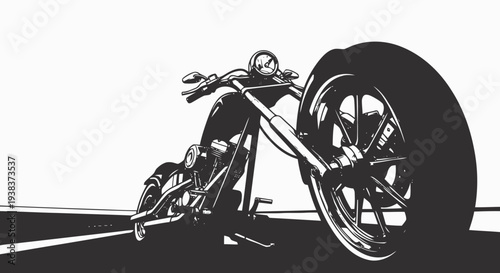 Chopper motorcycle illustration on road with large wheel and rider in action