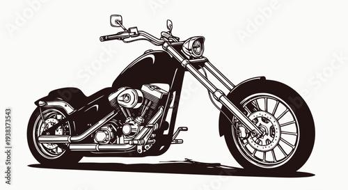 A black and white illustration of a chopper motorcycle viewed from the left side, showcasing its sleek design and details