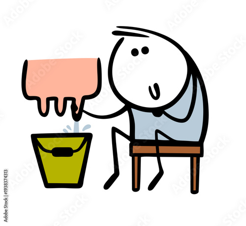 Professional milkmaid pulls on teat of the udder. Vector illustration of  cartoon farmer milking a cow and producing fresh milk on farm. Environmentally friendly product. Drink for children.