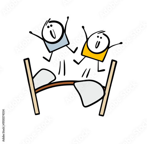 Kids room. Vector illustration of two crazy children jumping wildly on a bed. Children are playing around.