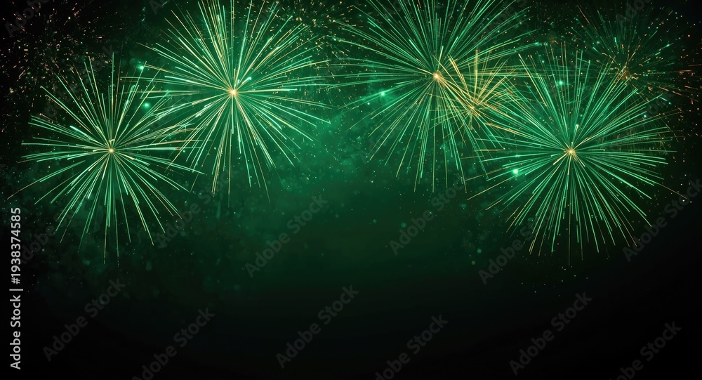 Fototapeta premium Abstract celebration backdrop with vibrant green fireworks on a deep dark base