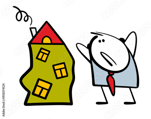 Insane architecture. Vector illustration of a man in panic looking at the walls of a crooked building. The house is poorly constructed, and the architect is horrified.