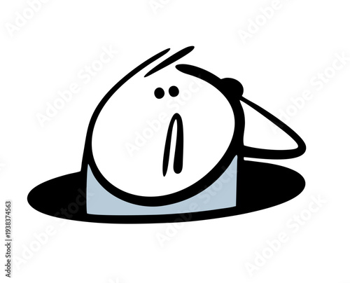Funny unfortunate cartoon stickman fell into a hole. A vector illustration of a character peeking out of a hole in fright. A man climbs out of a basement.