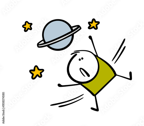 Unfortunate cartoon man is flying around a planet in outer space. A vector illustration of a star and a confused astronaut without a spacesuit. A fantastic story.
