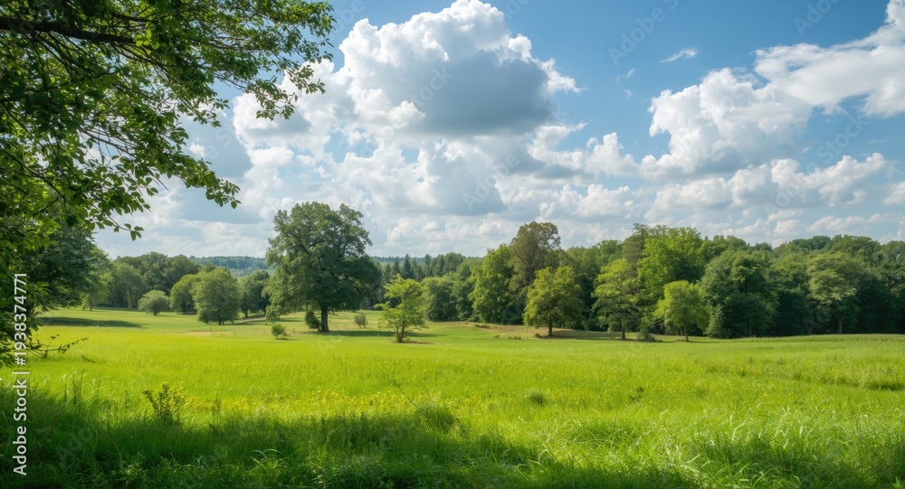 Obraz premium Backdrop of peaceful summer landscape with green grass fields, leafy trees, and white clouds