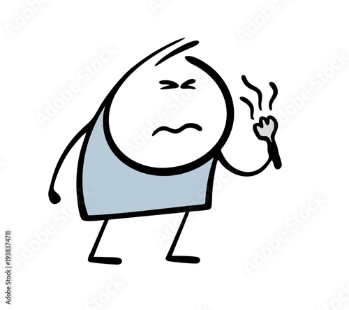 Funny cartoon man holds garlic in his hand. Vector illustration of garlic and a strong unpleasant smell, stench. A healthy product with vitamins Doodle stickman  character frowns with displeasure..
