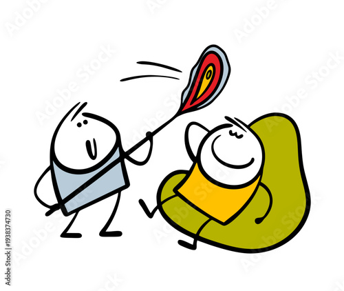 Cаrtoon  servant waves a fan over his master. Vector illustration of cooling service. Vintage air conditioner, man enjoying the heat. Funny office worker helps the boss.
