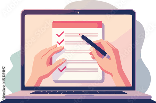 Finestra del browser dell'elenco di controllo. Segno di spunta. Segno di spunta bianco sullo schermo del laptop. Scelta, concetti di indagine. Elementi per banner web, siti web, vettoriale