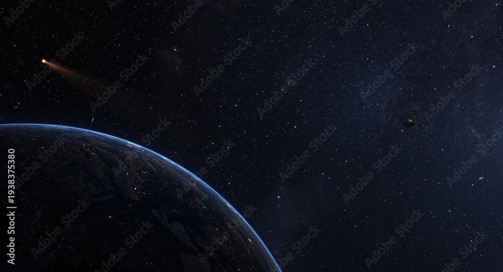 Comets and asteroids approaching Earth with starry sky background