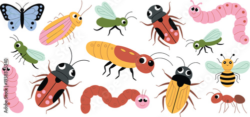 Cute insects cartoon collection, colorful bug characters, butterfly, beetle, ant, bee, caterpillar, worm, kids educational illustration vector set