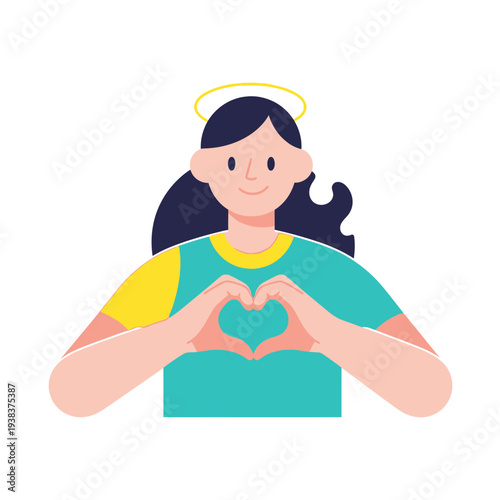 Woman With Halo Making Heart Shape With Hands, Kindness Symbol, Love Gesture