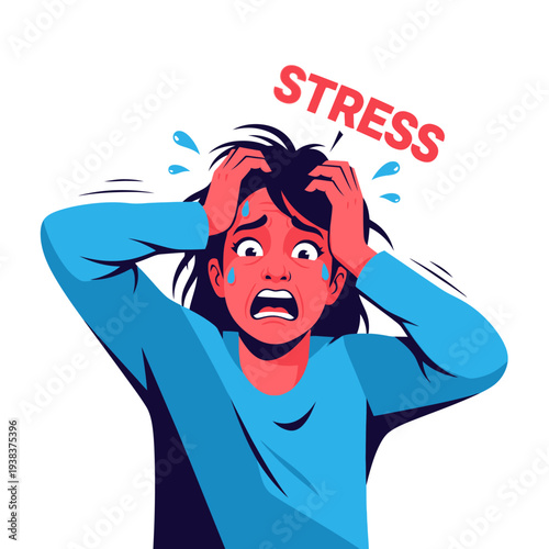 Woman's face showing extreme stress and anxiety, hands in hair, sweating