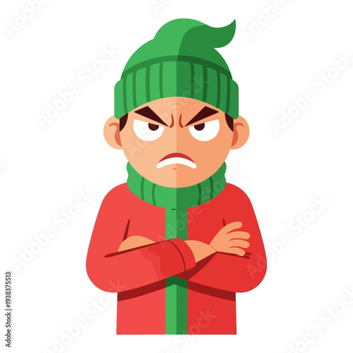 Angry Boy in Winter Clothes, Crossed Arms, Frustrated Expression, Flat Design