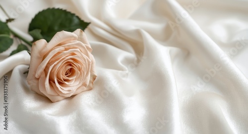 Beige rose displayed on softly draped white silk fabric providing copy space