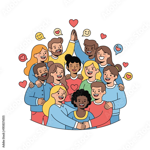 Diverse Group Hugging with Hearts and Emoticons, Unity and Friendship Concept