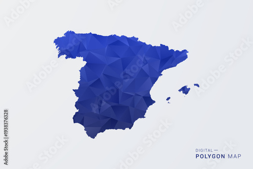 Spain Map - Polygon Style Vector Illustration in Deep Blue Gradient, Low Poly Geometric Design, Clean Silhouette Isolated on White Background for Infographics.