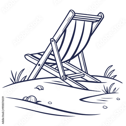 A serene beach scene with a striped deck chair and a surfboard resting on the sand. Vector