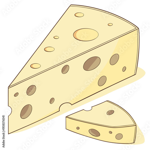 A close-up view of a wedge of cheddar cheese with a smaller piece beside it Vector