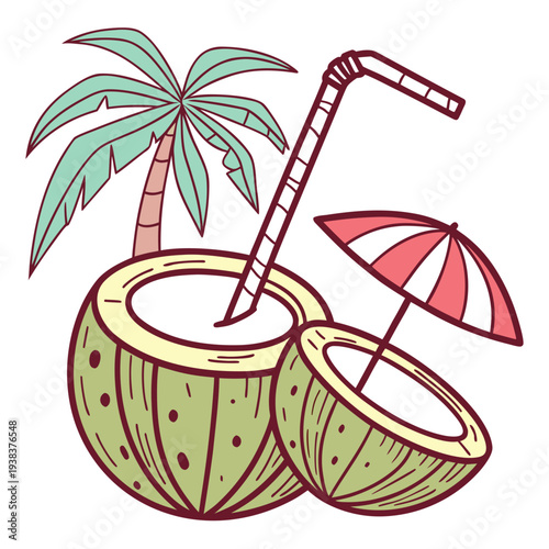 Two coconuts with straws and palm trees in the background on a beach Vector