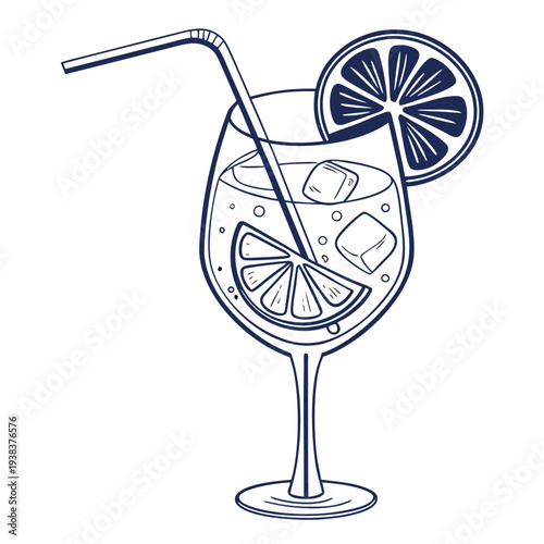 A refreshing cocktail with a slice of lemon and mint leaves in a tall glass. Vector