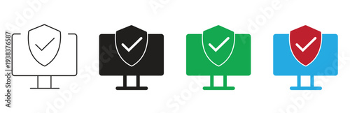 set of computer monitor security icons with shield and checkmark, representing cybersecurity and digital protection in various styles and colors like outline, solid black, green, and red on blue
