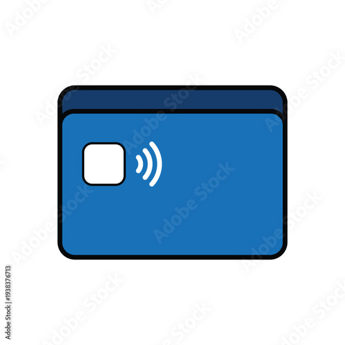 A flat stylized illustration depicting a blue credit card with a chip and contactless symbol high quality professional detailed modern elegant